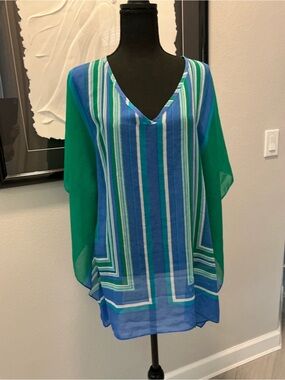 Talbots L/XL blue green, striped sheer tunic top swim cover-up